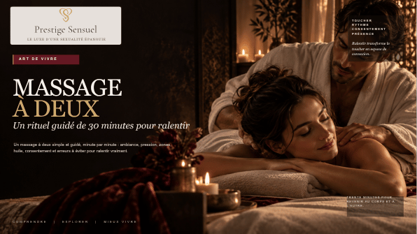 Illustration éditoriale d’un massage à deux, rituel guidé de 30 minutes pour ralentir et se reconnecter