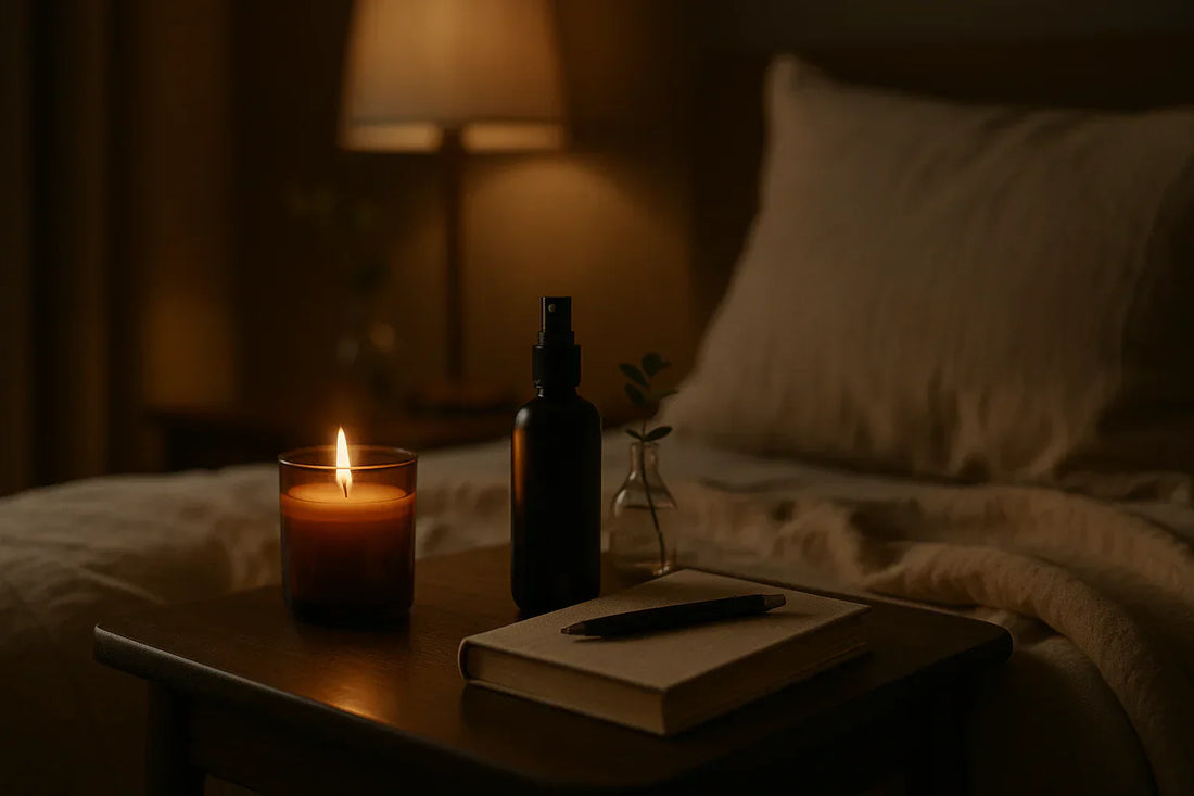 Table de chevet dans une chambre tamisée avec une bougie allumée, un flacon spray, un carnet et un stylo.