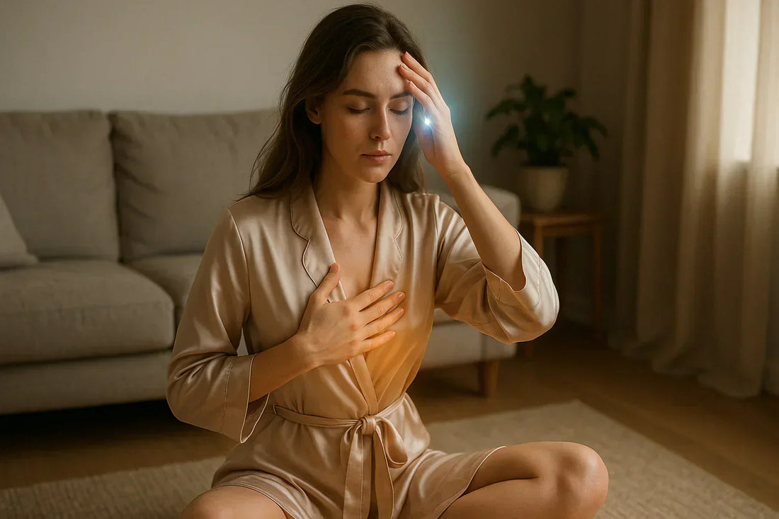 Femme assise en tailleur dans un salon, main sur la poitrine et l’autre sur le front, yeux fermés.