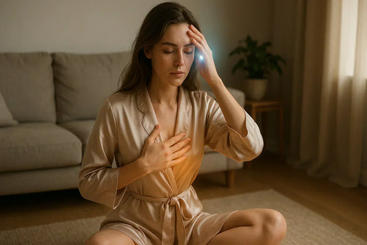 Femme assise en tailleur dans un salon, main sur la poitrine et l’autre sur le front, yeux fermés.
