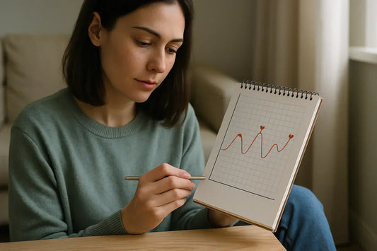 Femme dessinant une courbe sur un carnet, symbolisant les variations du désir.