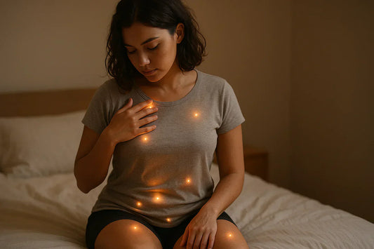 Femme assise sur un lit, regard baissé, avec des points lumineux sur le corps illustrant des zones de sensations.