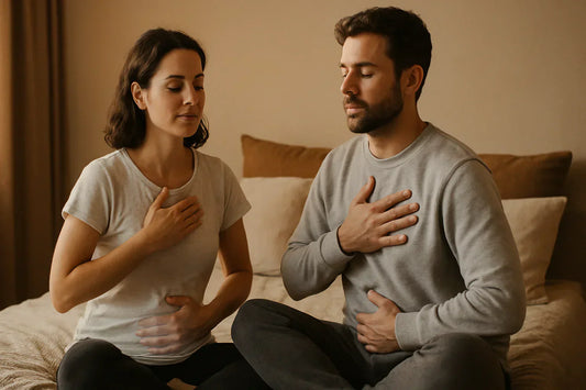 Homme et femme assis sur un lit, yeux fermés, mains sur la poitrine et le ventre, en exercice de respiration.