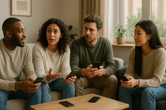 Quatre personnes assises sur un canapé discutant avec des smartphones en main.