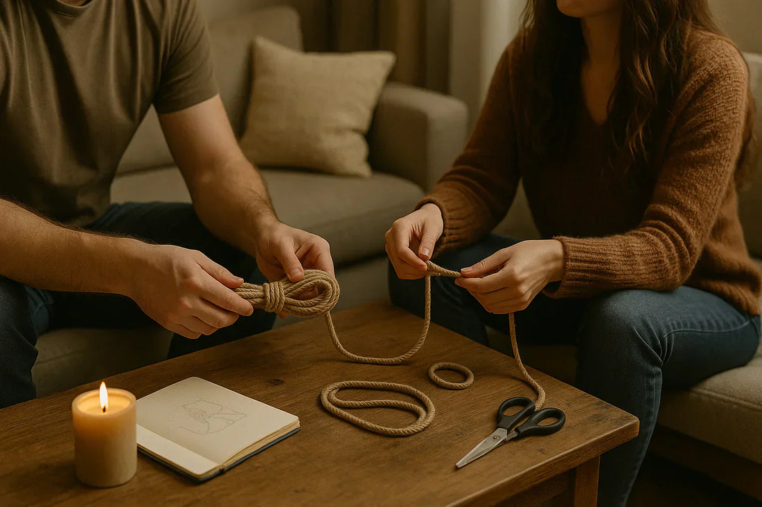 Deux personnes assises sur un canapé manipulent une corde sur une table basse, avec une bougie, un carnet et des ciseaux.
