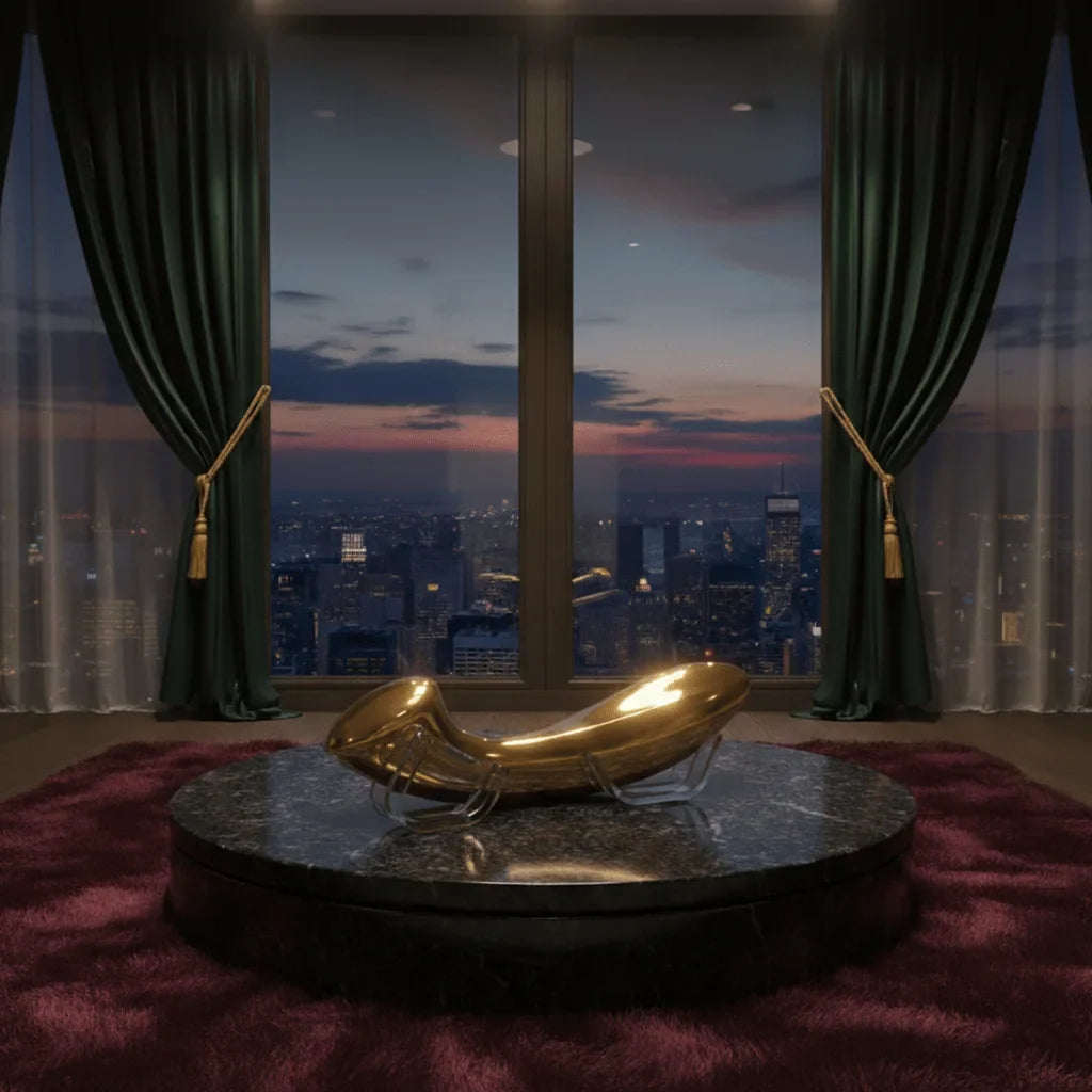 Vibromasseur de luxe Olga™ LELO de la collection Sélection Prestige, finition or, dans un décor de penthouse moderne et élégant.