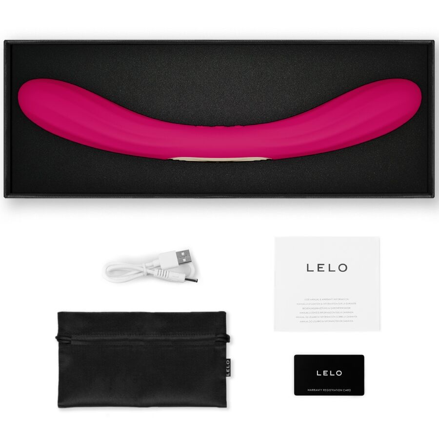 LELO Boomerang Cerise – vibromasseur, emballage, câble visible, accessoires visibles