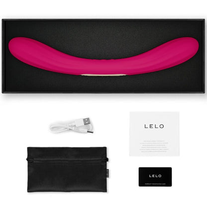 LELO Boomerang Cerise – vibromasseur, emballage, câble visible, accessoires visibles