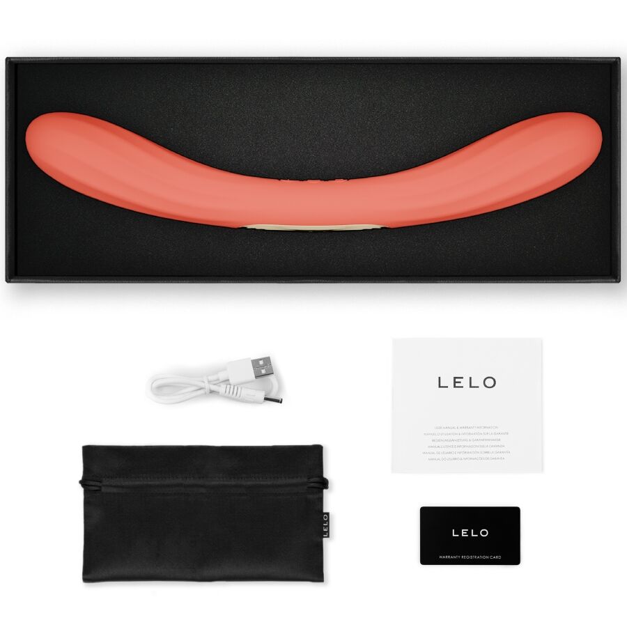 LELO Boomerang Rouge Corail – vibromasseur, emballage, câble visible, accessoires visibles