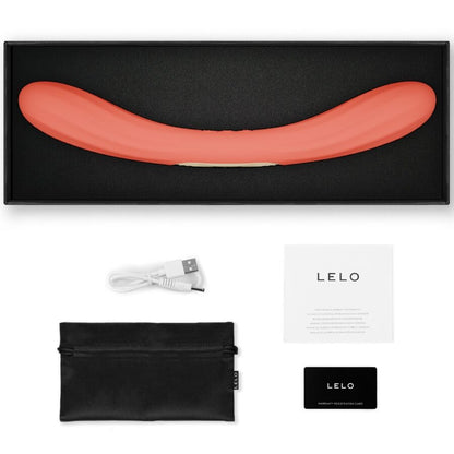 LELO Boomerang Rouge Corail – vibromasseur, emballage, câble visible, accessoires visibles