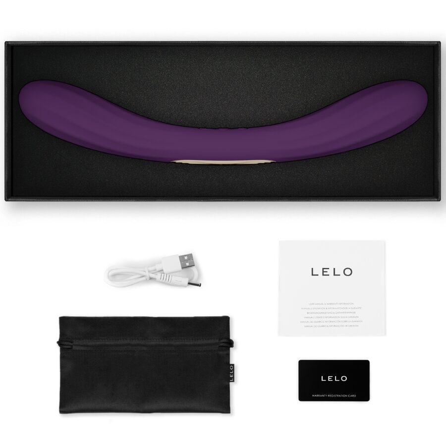 LELO Boomerang Violet – vibromasseur, emballage, câble visible, accessoires visibles