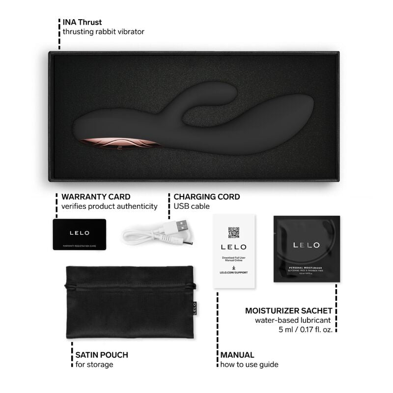 LELO INA Thrust Noir – vibromasseur, emballage, câble visible, accessoires visibles