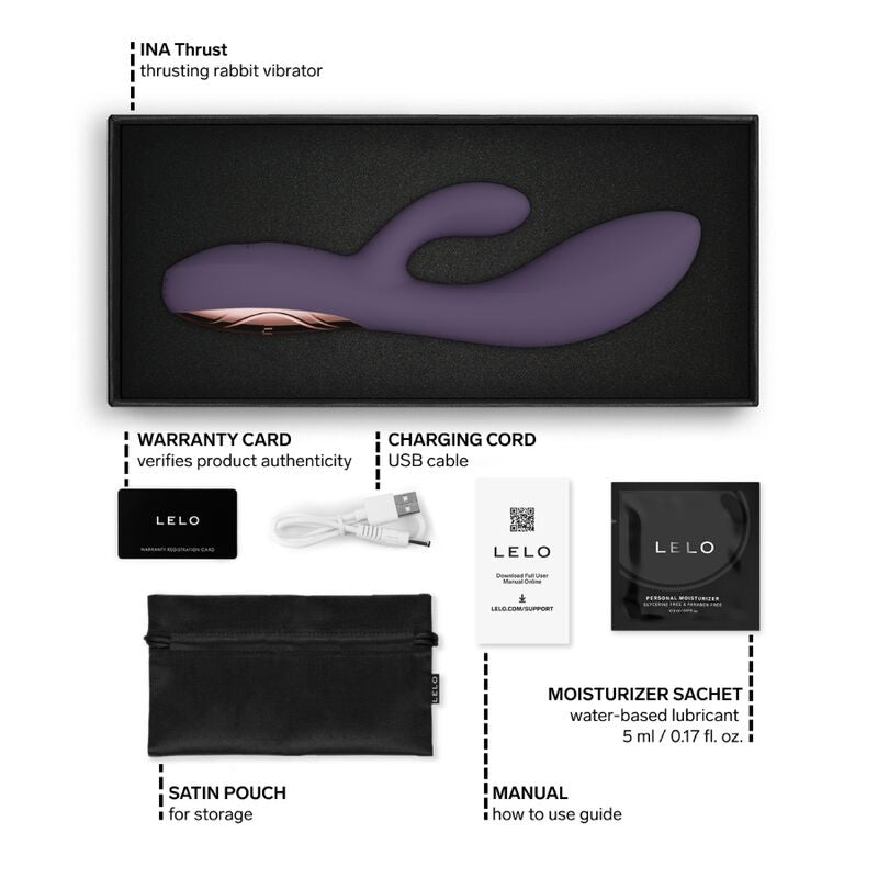 LELO INA Thrust Violet – vibromasseur, emballage, câble visible, accessoires visibles
