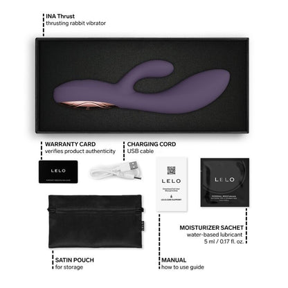 LELO INA Thrust Violet – vibromasseur, emballage, câble visible, accessoires visibles