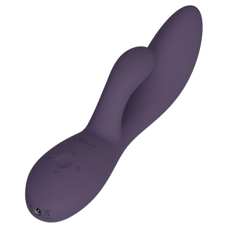 LELO INA Thrust Violet – vibromasseur, vue de dessous, port de recharge visible, commandes visibles
