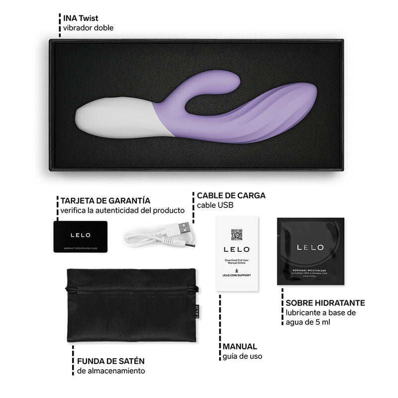 LELO INA Twist Lavande – vibromasseur, emballage, câble visible, accessoires visibles (visuel 16)