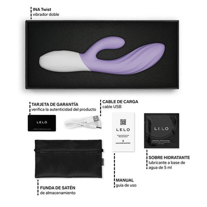 LELO INA Twist Lavande – vibromasseur, emballage, câble visible, accessoires visibles (visuel 16)
