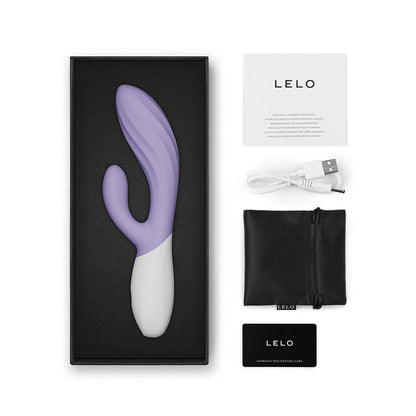 LELO INA Twist Lavande – vibromasseur, emballage, câble visible, accessoires visibles