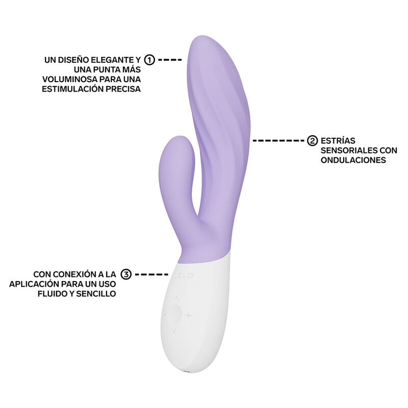 LELO INA Twist Lavande – vibromasseur, schéma technique, commandes visibles, détail de la texture