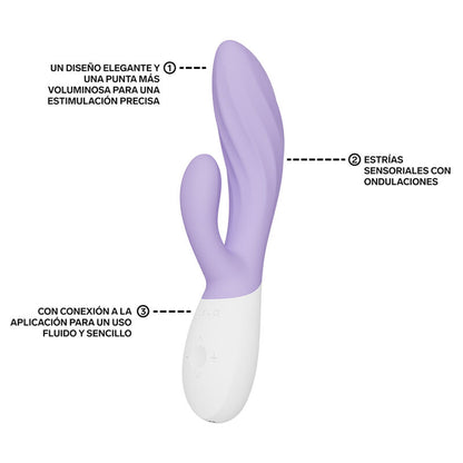 LELO INA Twist Lavande – vibromasseur, schéma technique, commandes visibles, détail de la texture