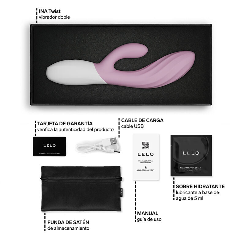 LELO INA Twist Rose – vibromasseur, emballage, câble visible, accessoires visibles (visuel 17)