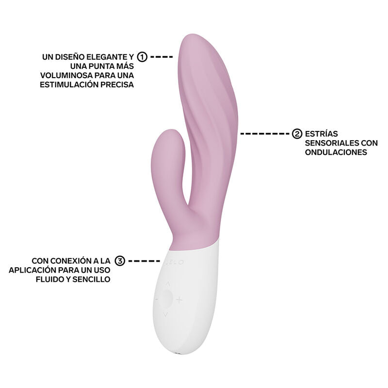 LELO INA Twist Rose – vibromasseur, schéma technique, commandes visibles, détail de la texture
