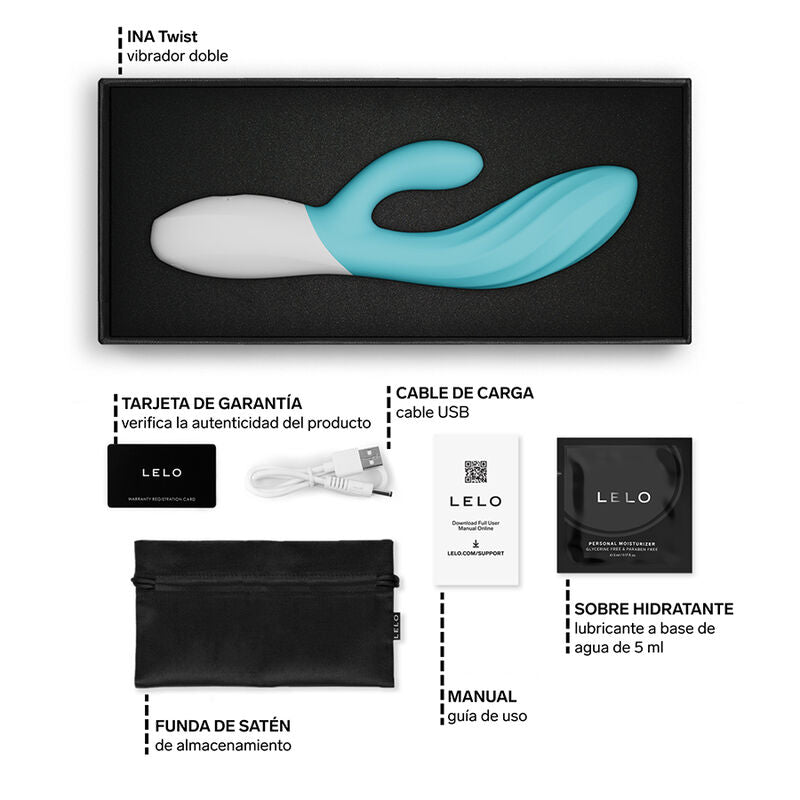 LELO INA Twist Turquoise – vibromasseur, emballage, câble visible, accessoires visibles (visuel 18)