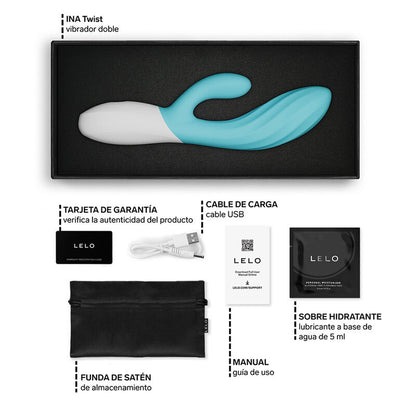 LELO INA Twist Turquoise – vibromasseur, emballage, câble visible, accessoires visibles (visuel 18)