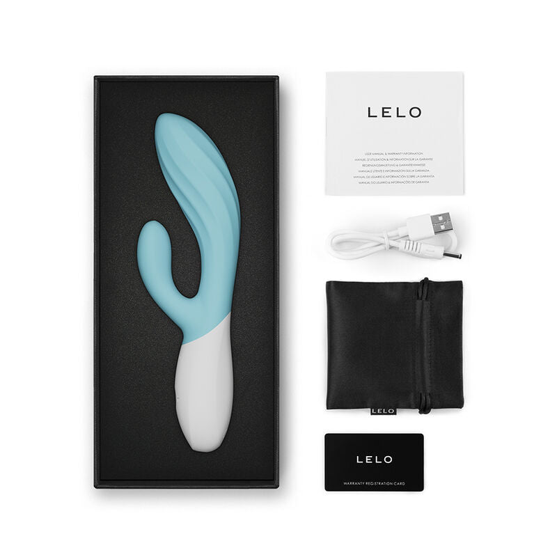 LELO INA Twist Turquoise – vibromasseur, emballage, câble visible, accessoires visibles