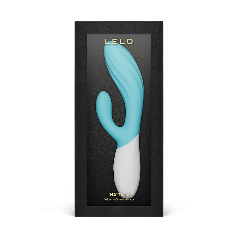 LELO INA Twist Turquoise – vibromasseur, emballage, détail de la texture, embout visible
