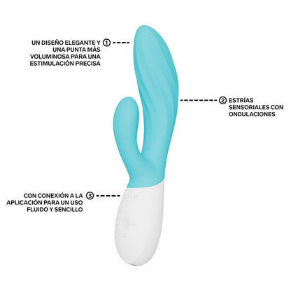 LELO INA Twist Turquoise – vibromasseur, schéma technique, commandes visibles, détail de la texture