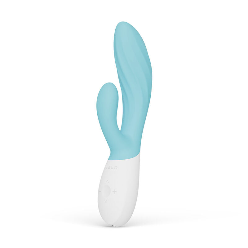 LELO INA Twist Turquoise – vibromasseur, vue de face, commandes visibles, détail de la texture